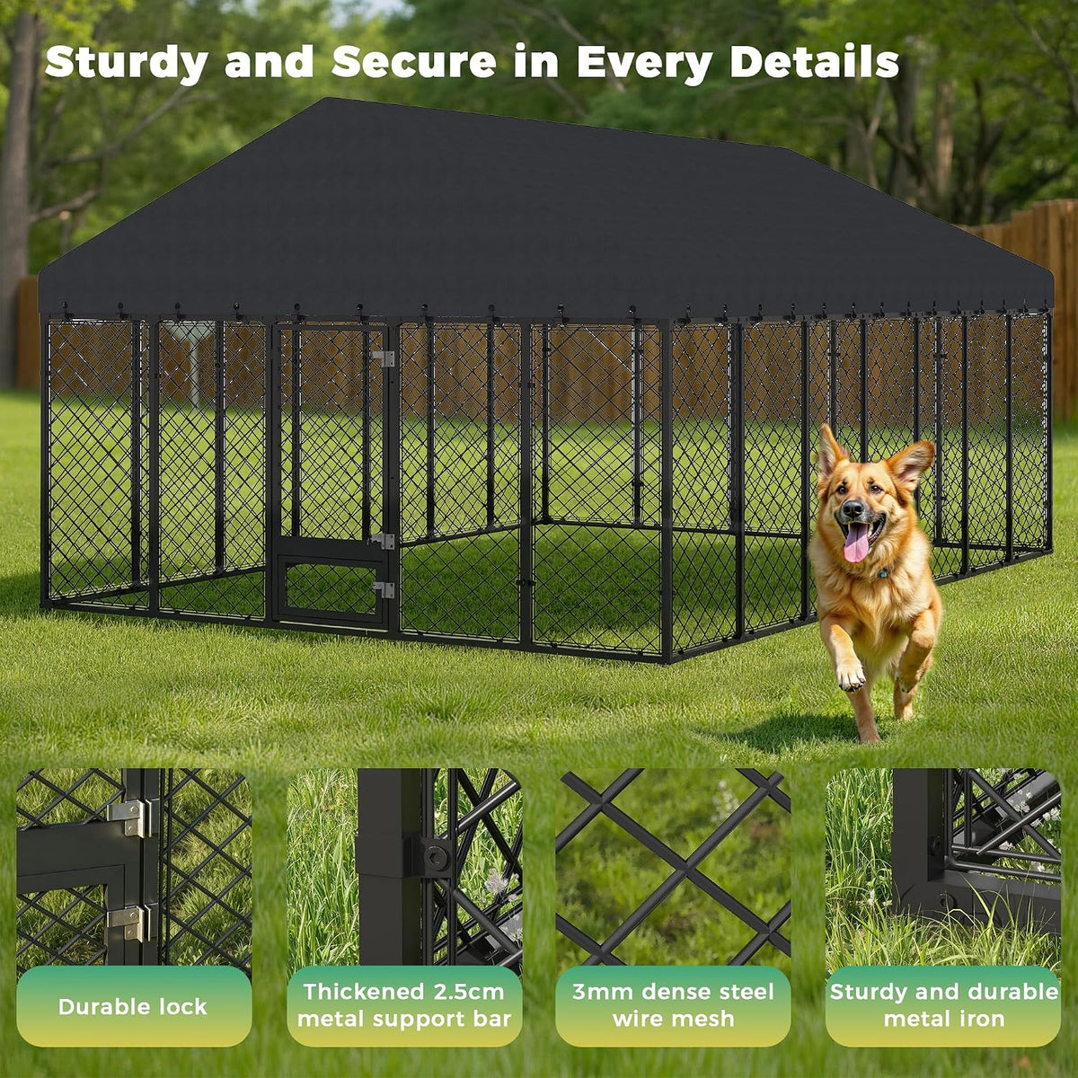 10x14×6.4 ft heavy duty dog kennel outdoor with, close-up detail