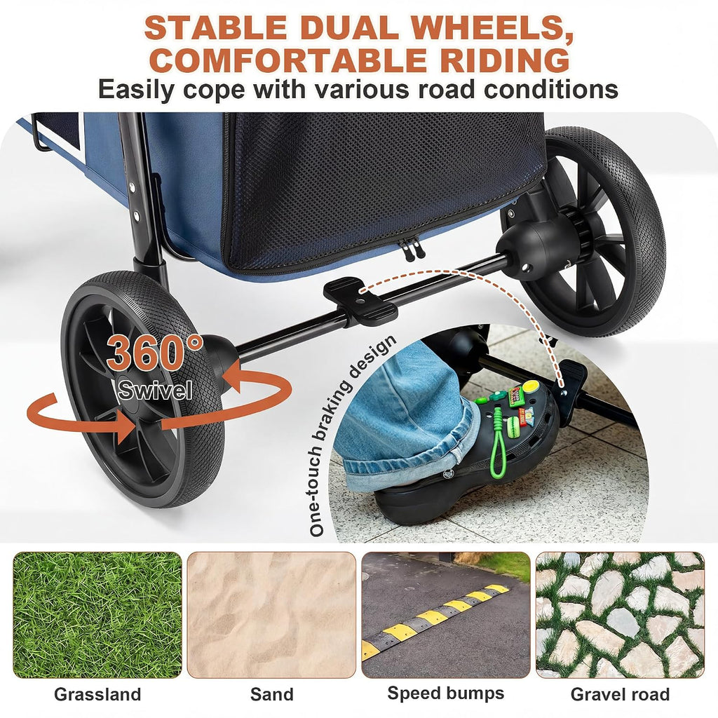 medium dog stroller, dual entry one-touch folding,small and, side view