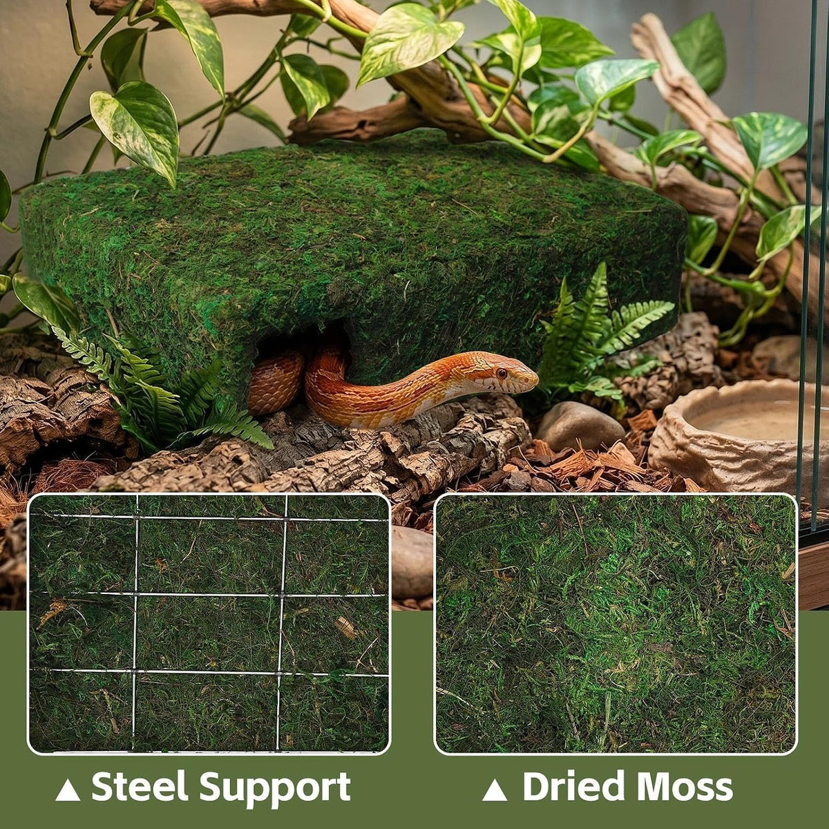 l size green moss cave hide, reptile shelter, side view