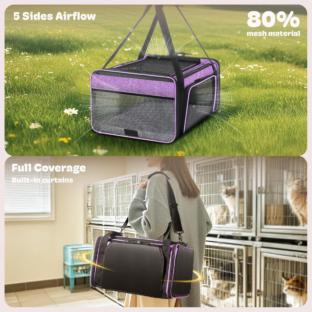 top and 2 sides expandable cat carrier 18x13.5x9.5, close-up detail