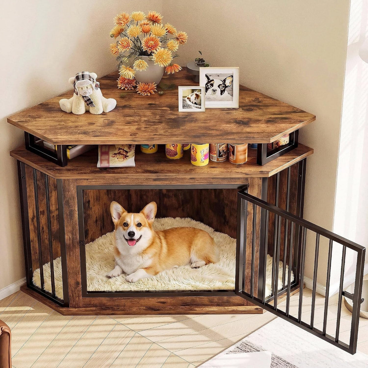 ironck 43.3" corner dog crate furniture with 2-tier, front angle view