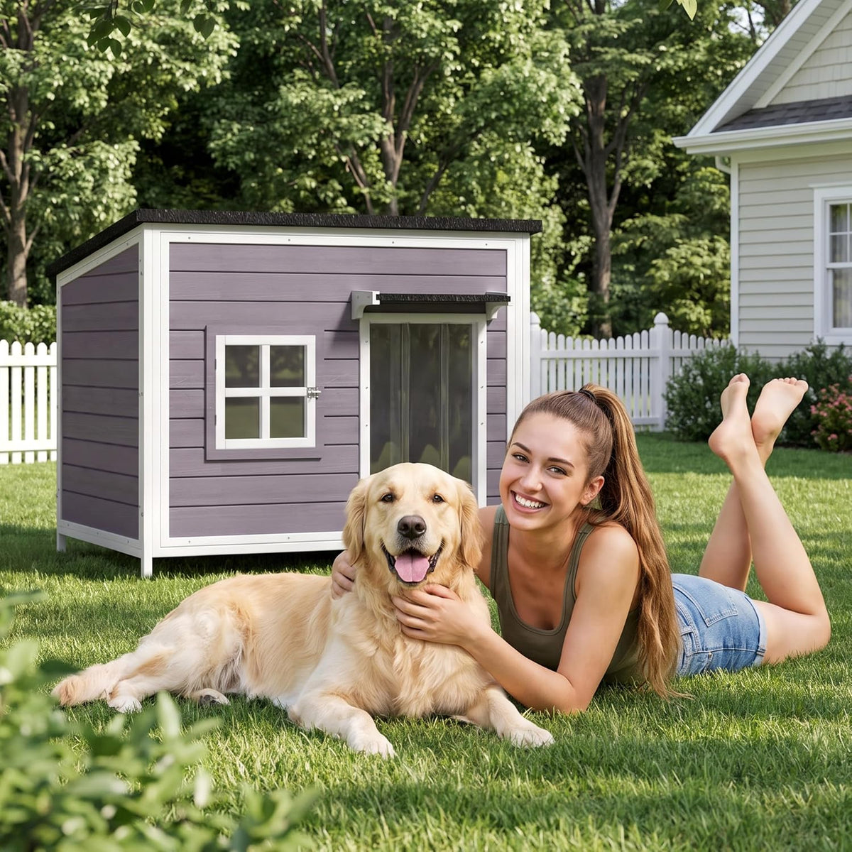 43" large wooden outdoor dog house with insulated, view 9
