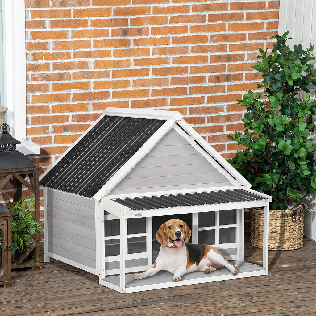 pawhut wooden dog house with porch for large shown in use