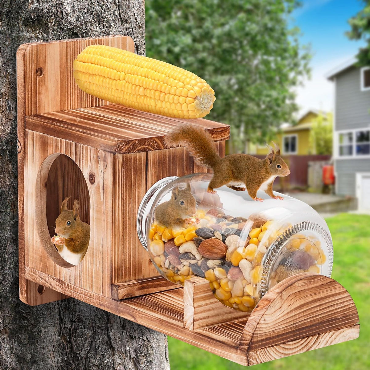 wooden squirrel feeder with glass jar, outdoor chipmunk, main product view