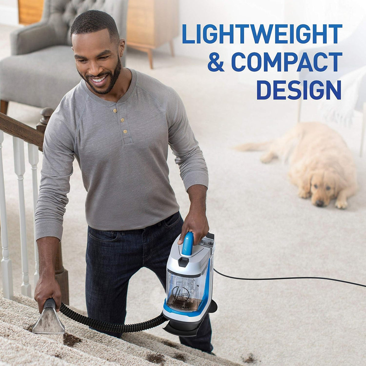 hoover powerdash go portable spot cleaner, lightweight carpet, side view