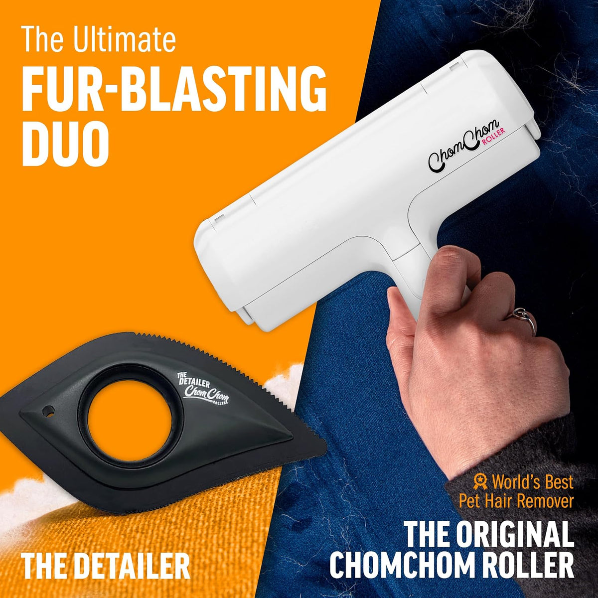 chomchom roller and detailer, white shown in use