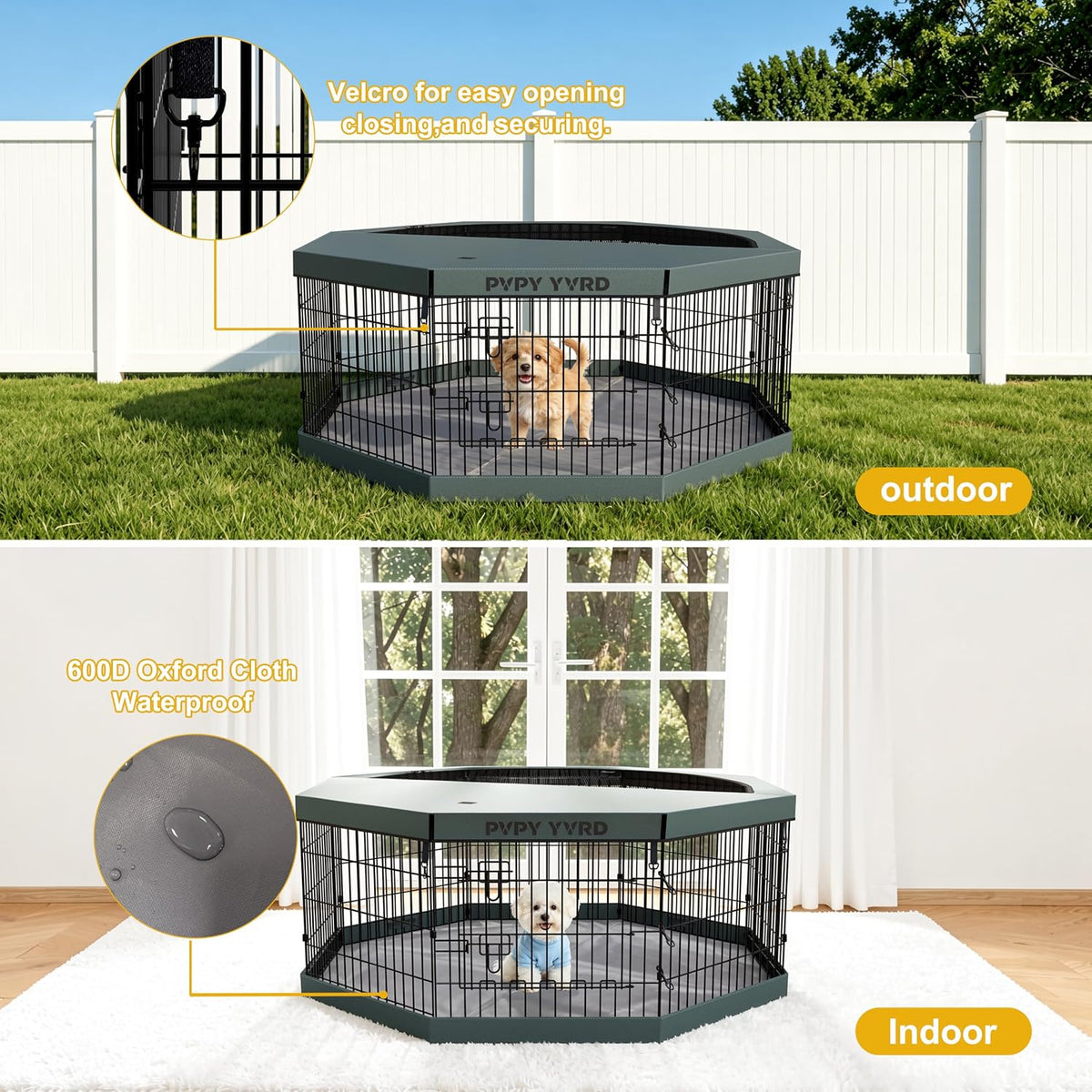 dog playpen with top cover and bottom pad,foldable showing dimensions