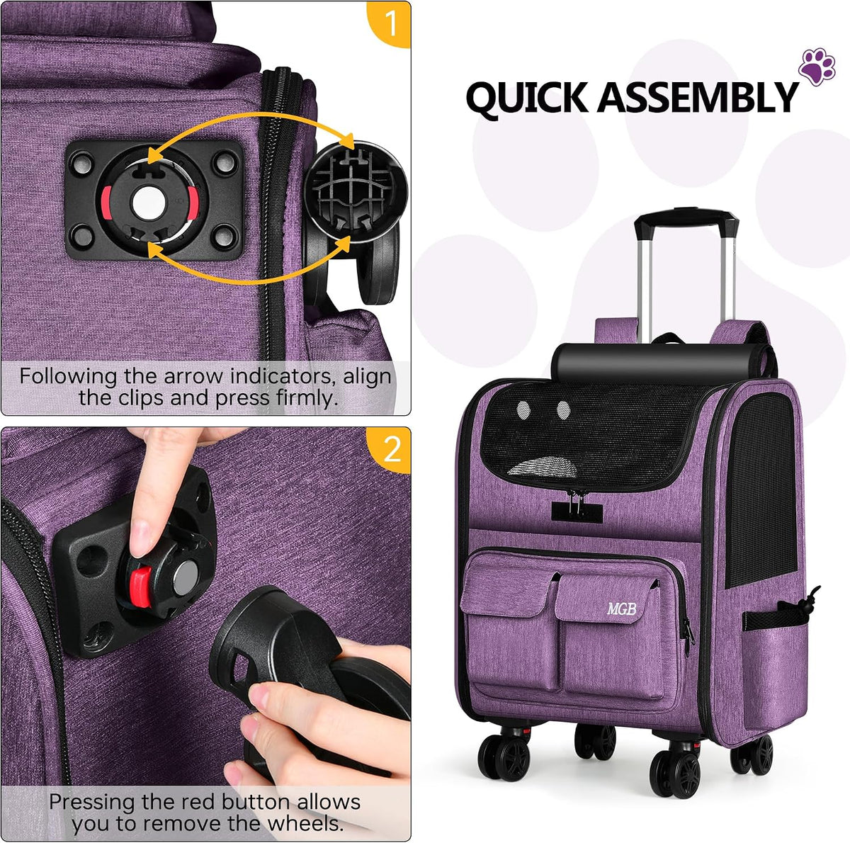 mgb rolling cat carrier with wheels, pet carrier showing dimensions