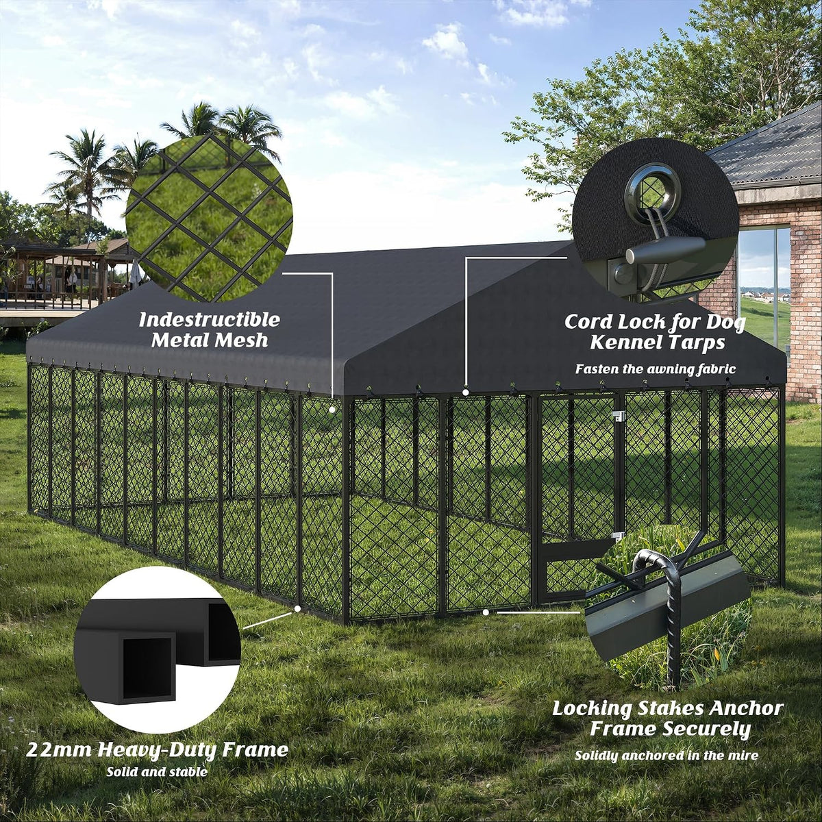 10x20ft outdoor dog kennel with roof and feeding showing dimensions