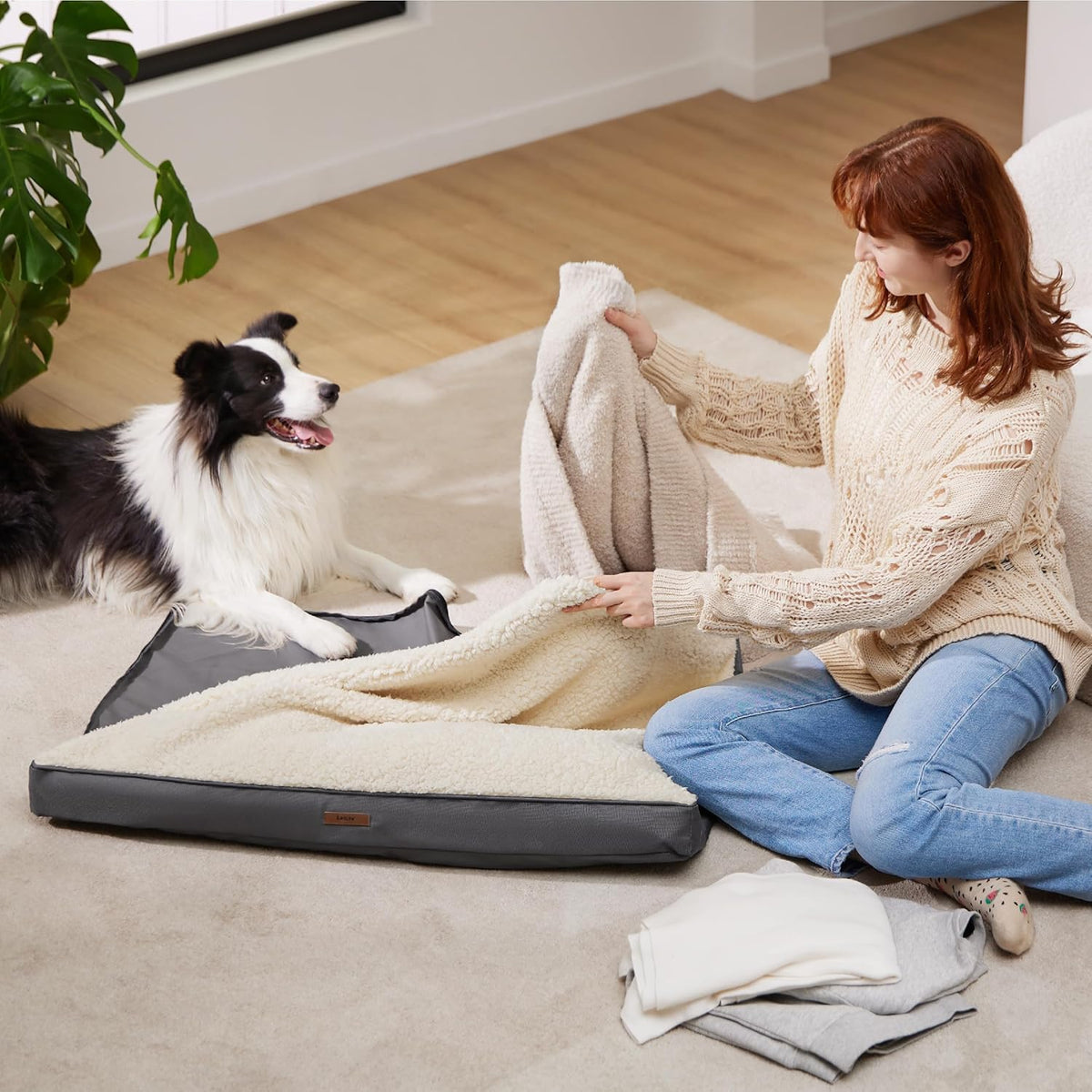 le sure washable egg crate foam plush dog shown in use