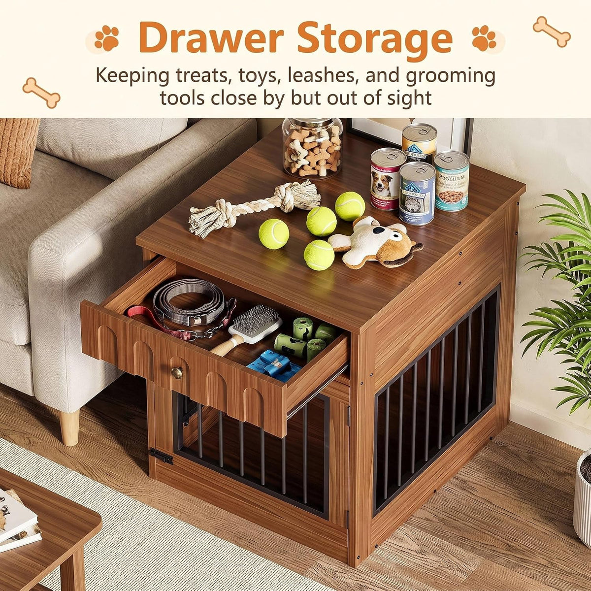 ironck 25.6" small dog crate furniture with drawer, close-up detail