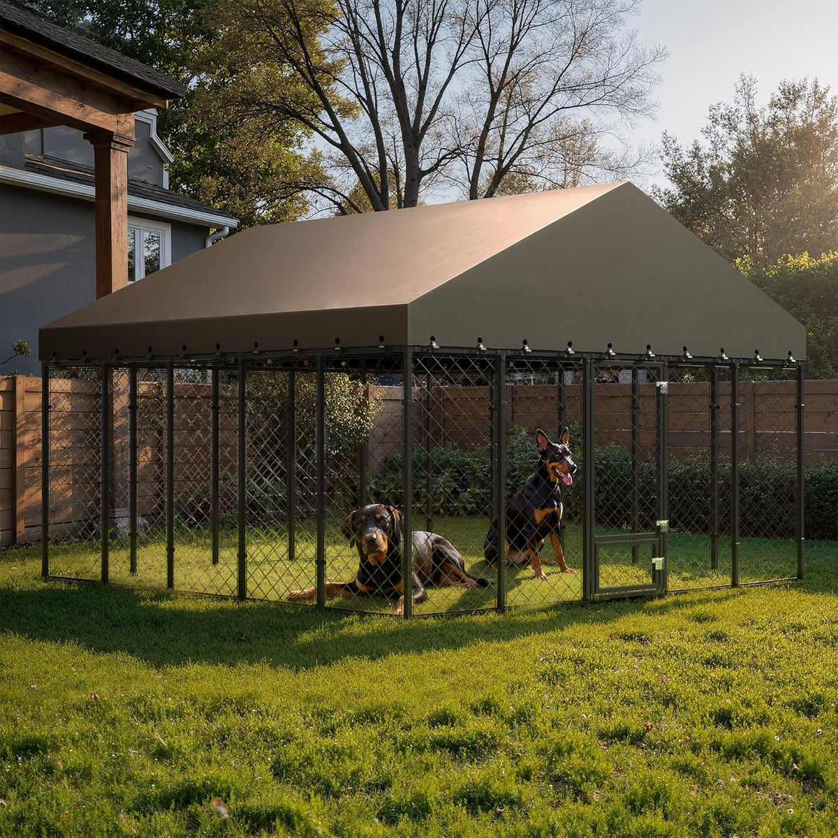 10x10ft outdoor dog kennel with roof and feeding, side view
