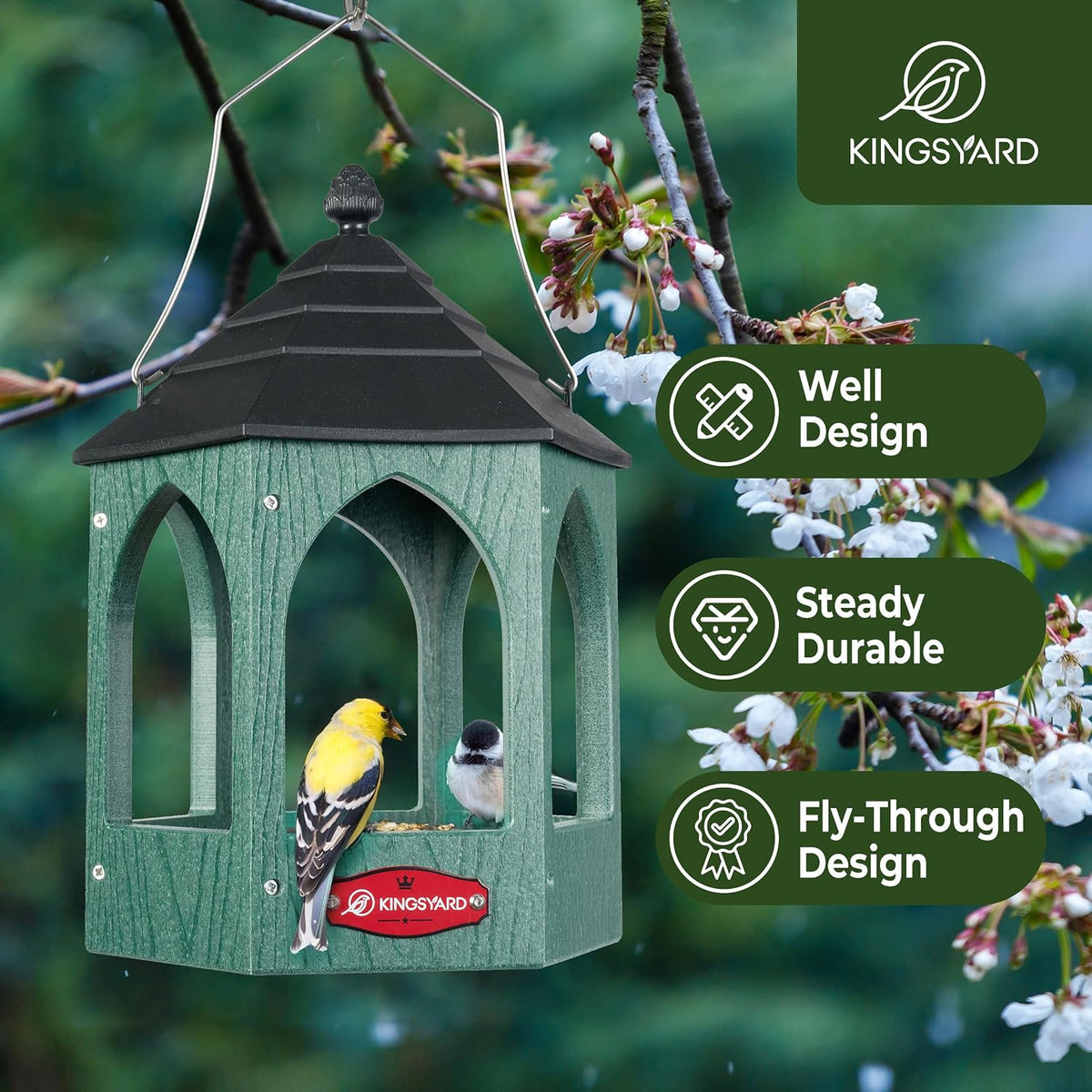 kingsyard platform bird feeder for outdoor hanging shown in use