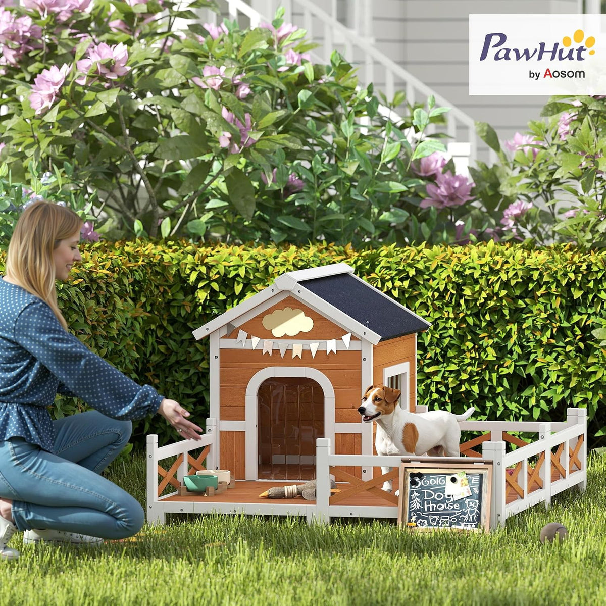 pawhut outdoor dog house, 56" wooden dog house shown in use