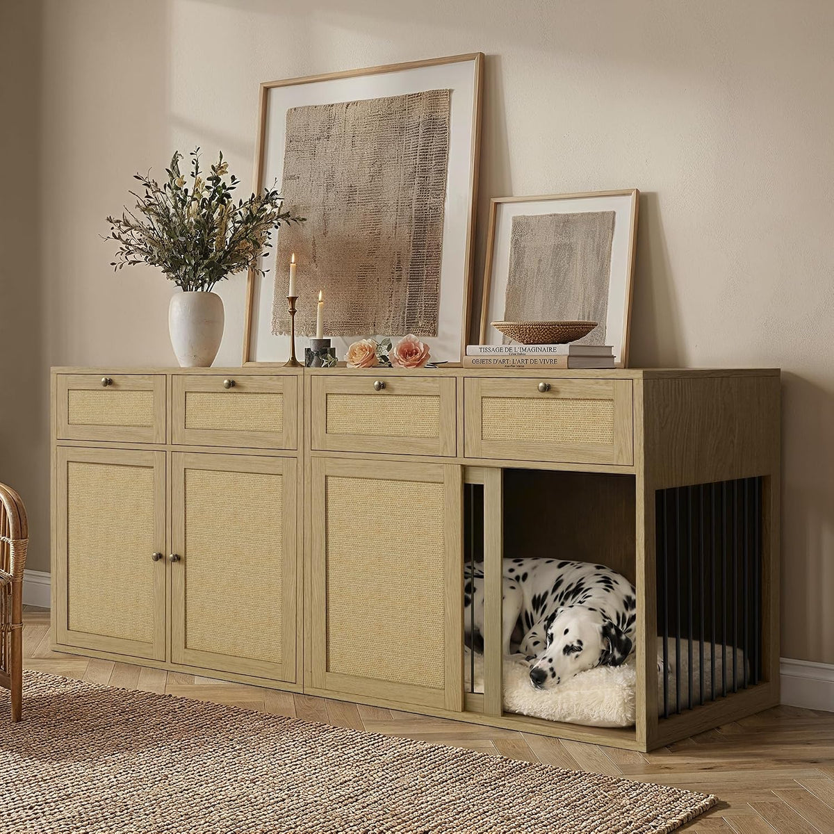 purecozy 2-piece dog crate furniture, right, 80 inch shown in use