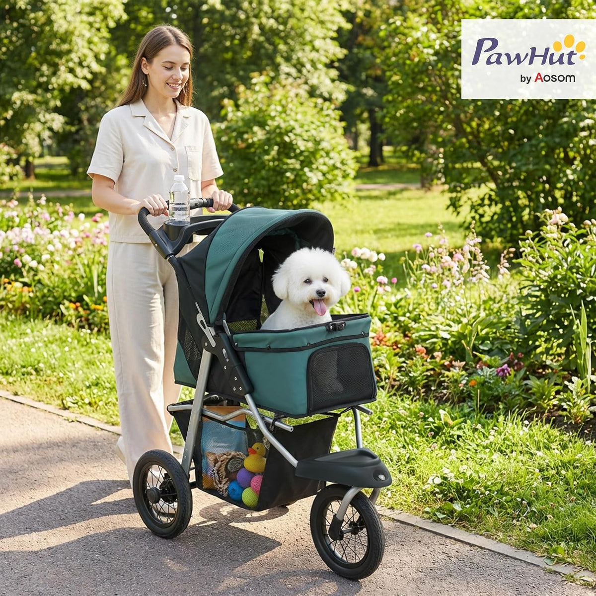 pawhut dog stroller for small dogs 3 wheel shown in use