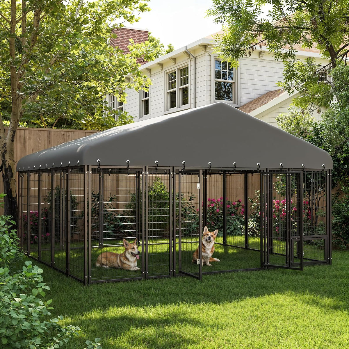 10 ft large outdoor dog kennel with double shown in use