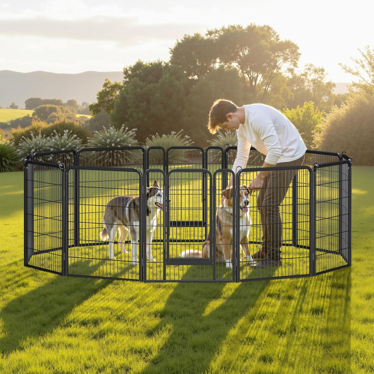 yaheetech 40" h 6-panel extra wide dog playpen shown in use