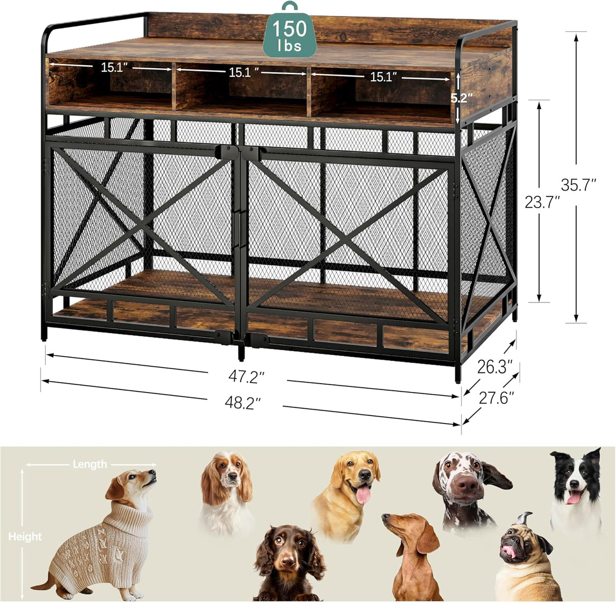 fulhope dog crate furniture, 48" heavy duty wooden, side view