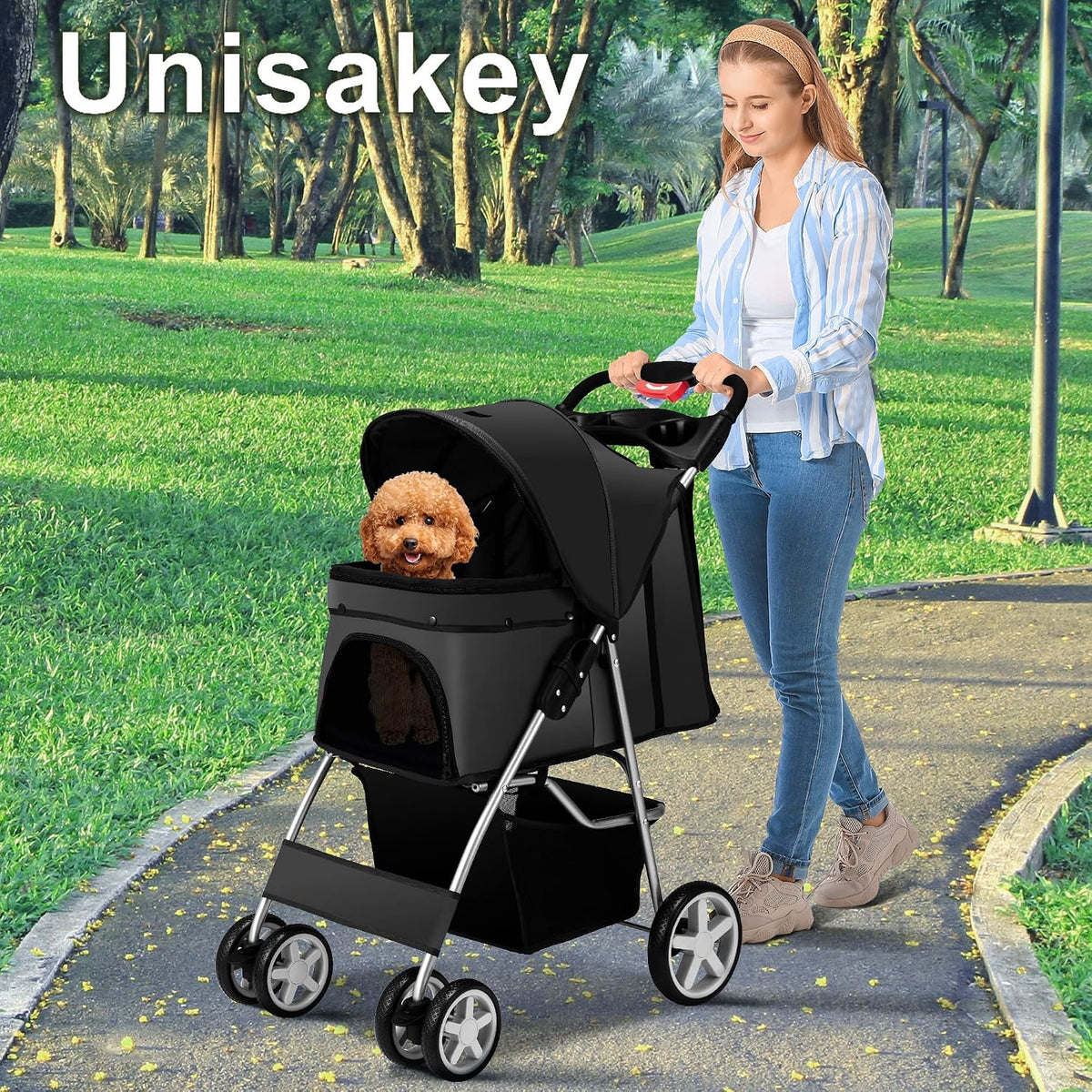 unisakey foldable 4-wheel pet stroller for dogs cats shown in use