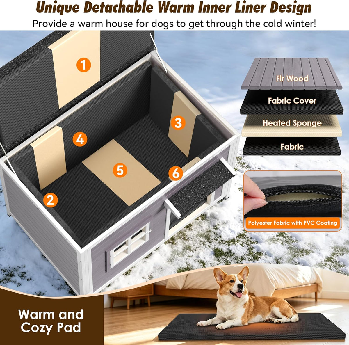 43" large wooden outdoor dog house with insulated, front angle view