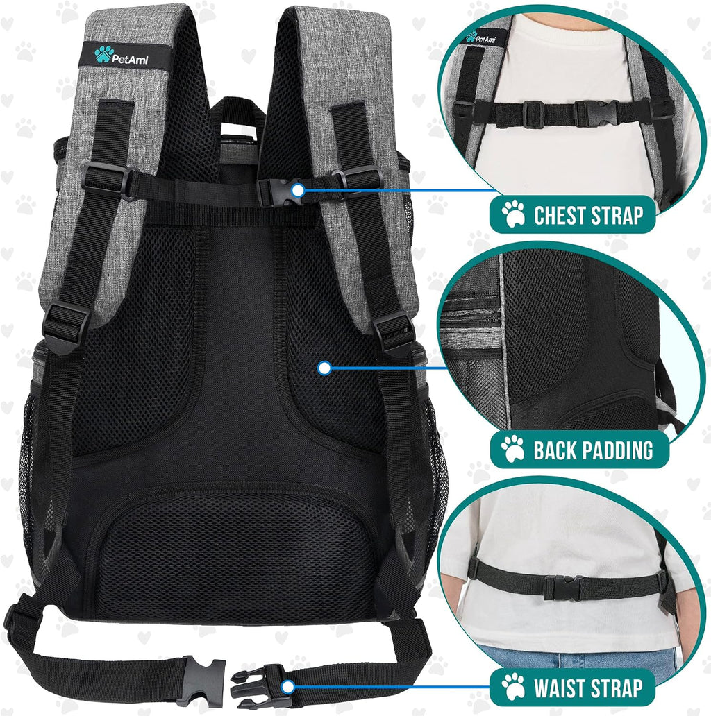 petami dog backpack carrier, airline approved 4-way entry showing dimensions