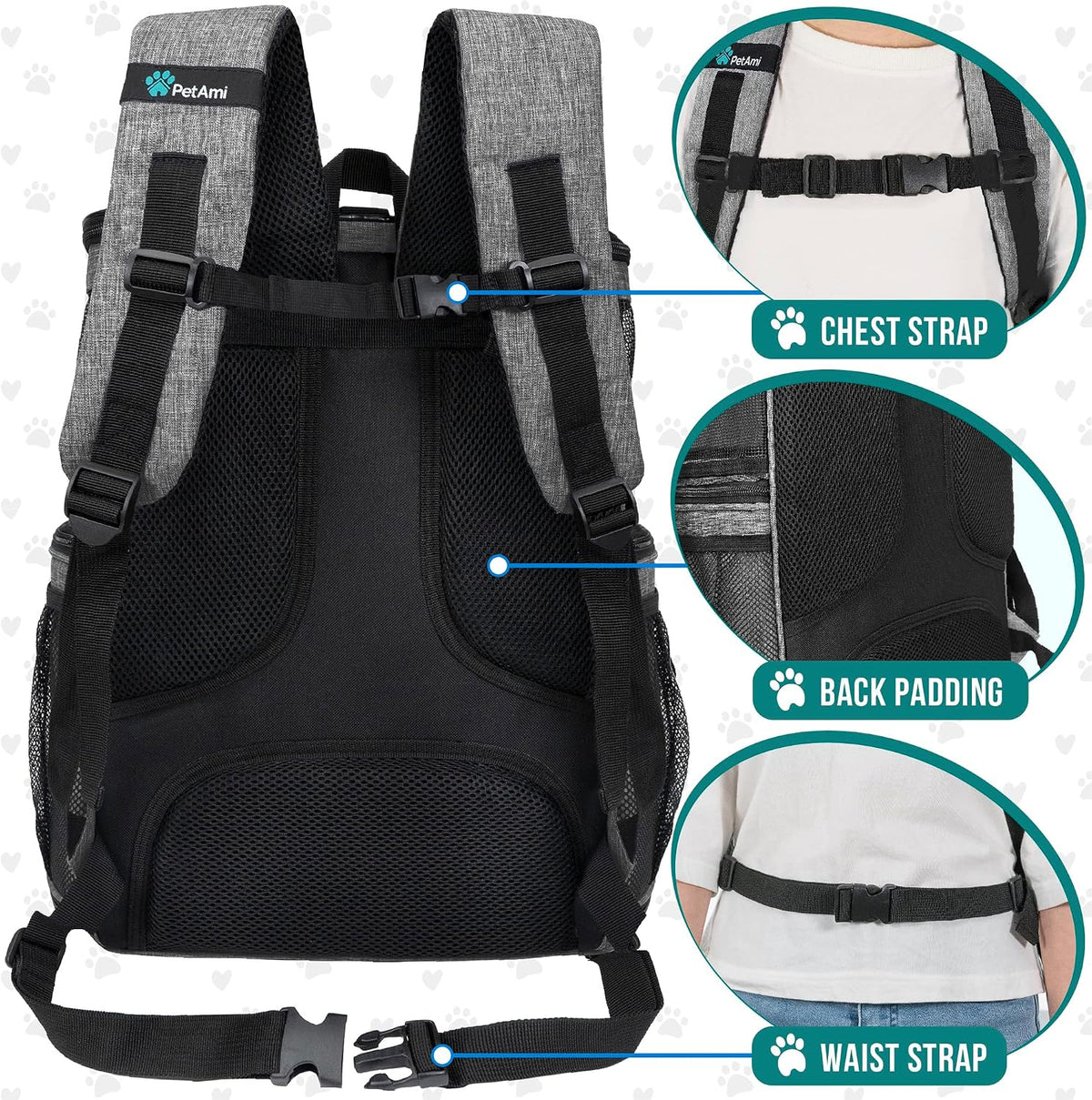 petami dog backpack carrier, airline approved 4-way entry showing dimensions