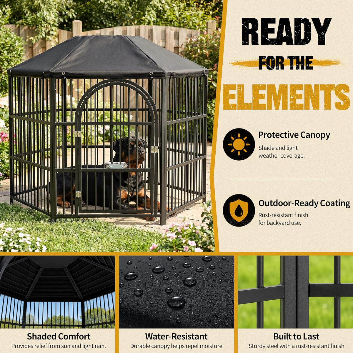 heavy duty outdoor dog crate with waterproof roof showing dimensions