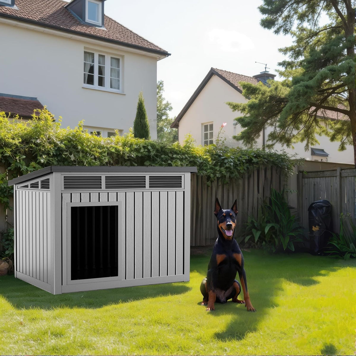 drato dog house, weatherproof resin outdoor dog house showing dimensions