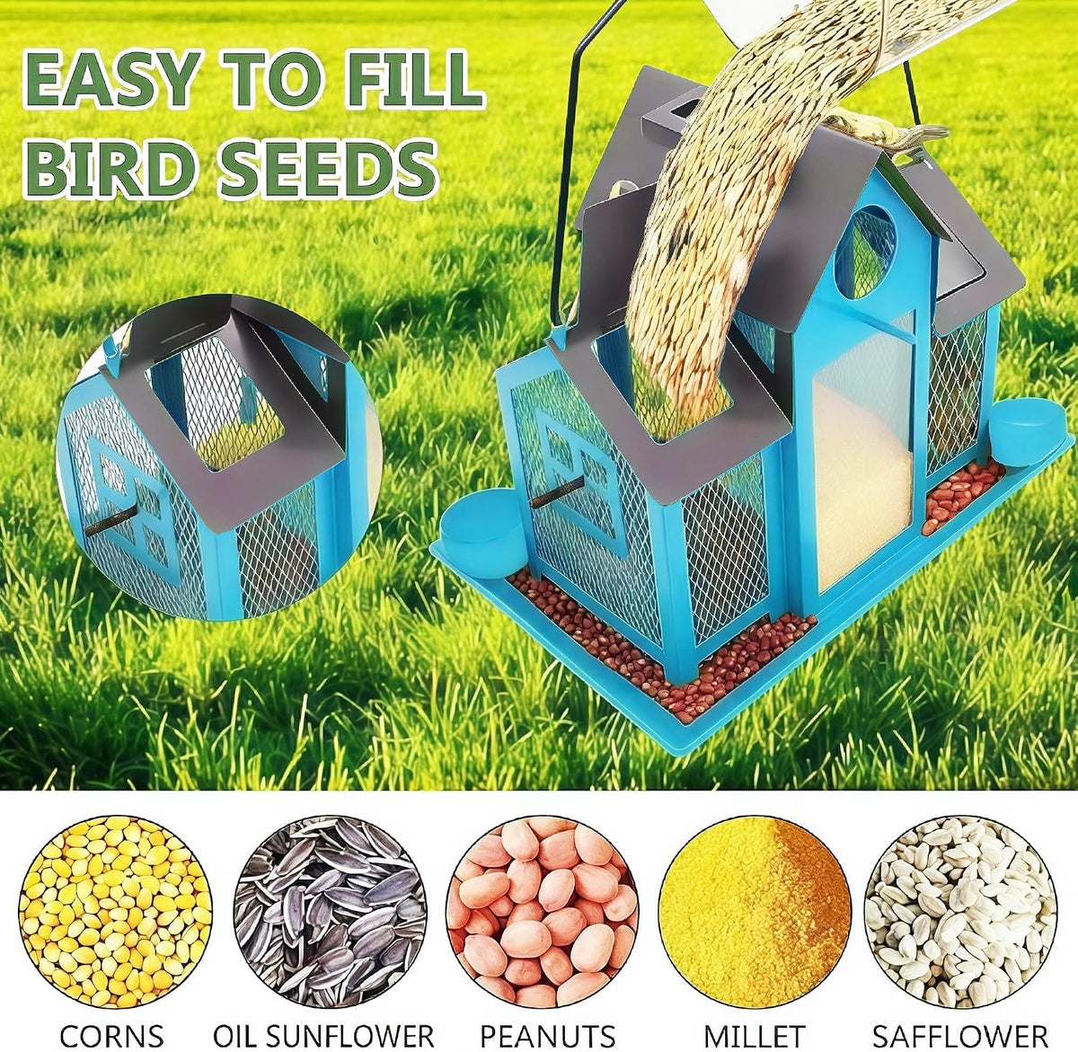 solar bird feeders house for outside hanging, metal, side view