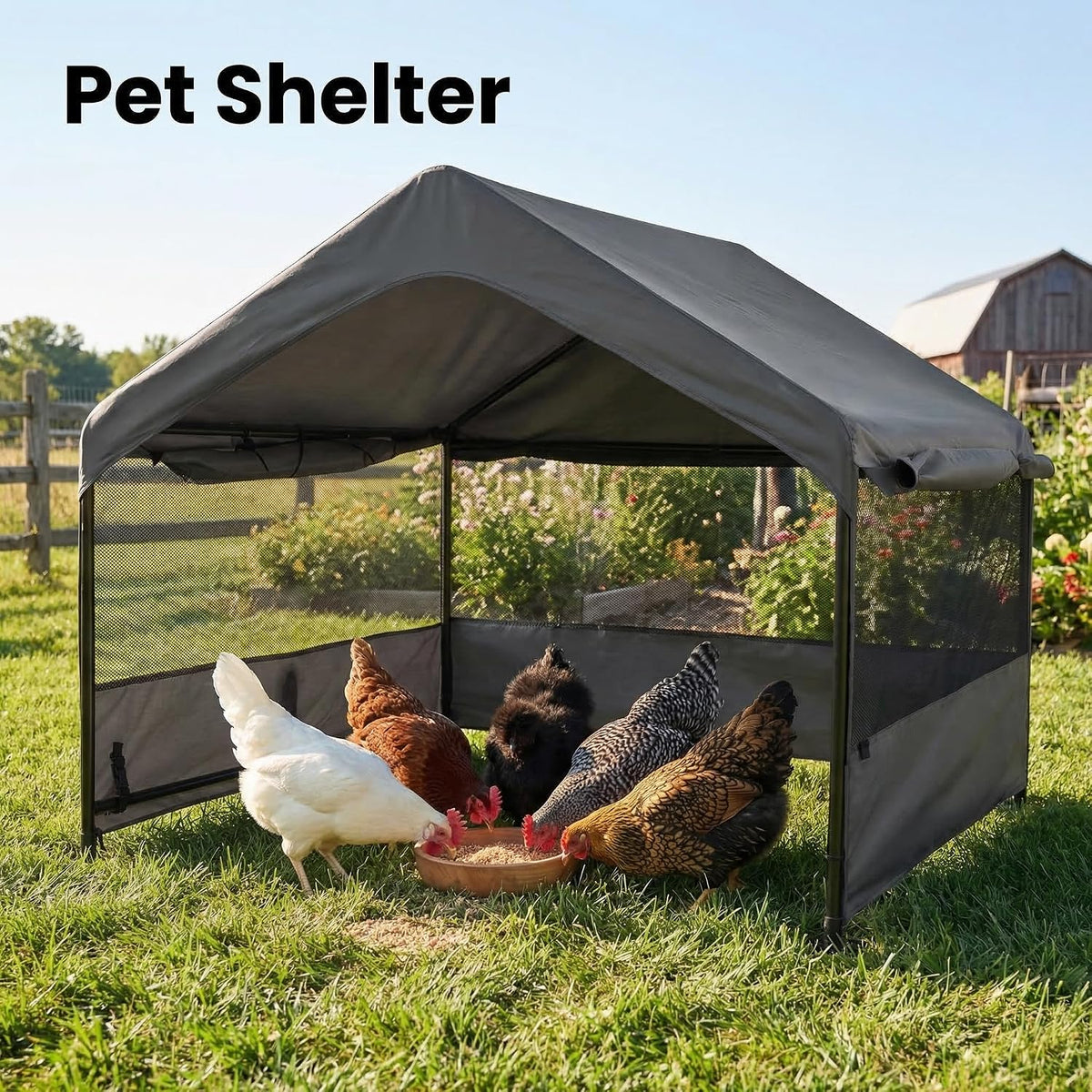 outdoor dog tent, 4'x4'x3' dog house shade shelter shown in use