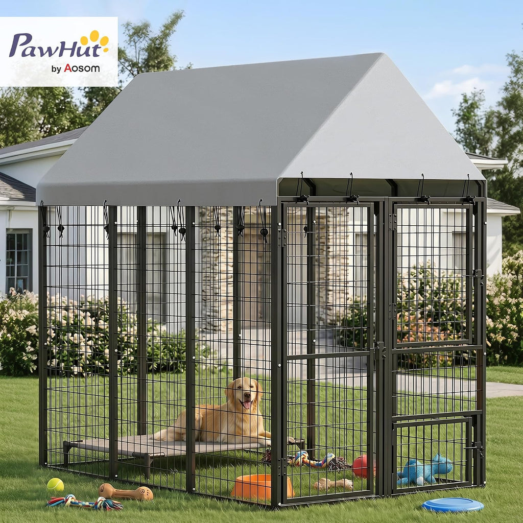pawhut large dog kennel outdoor with roof for shown in use