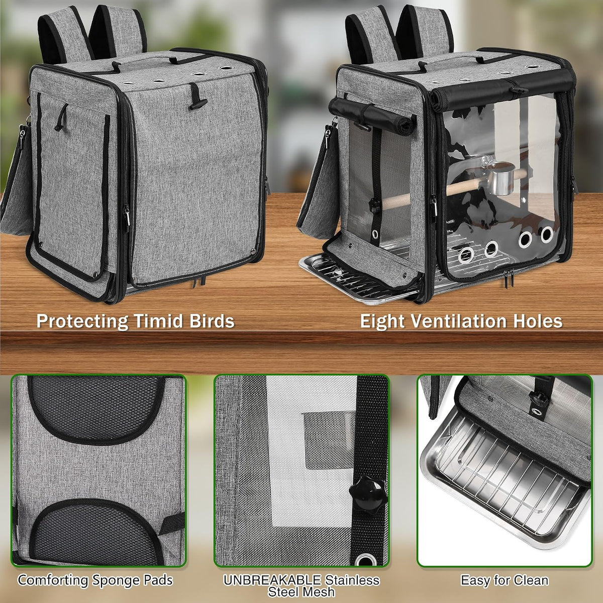 bird carrier with seat belt for car travel, side view