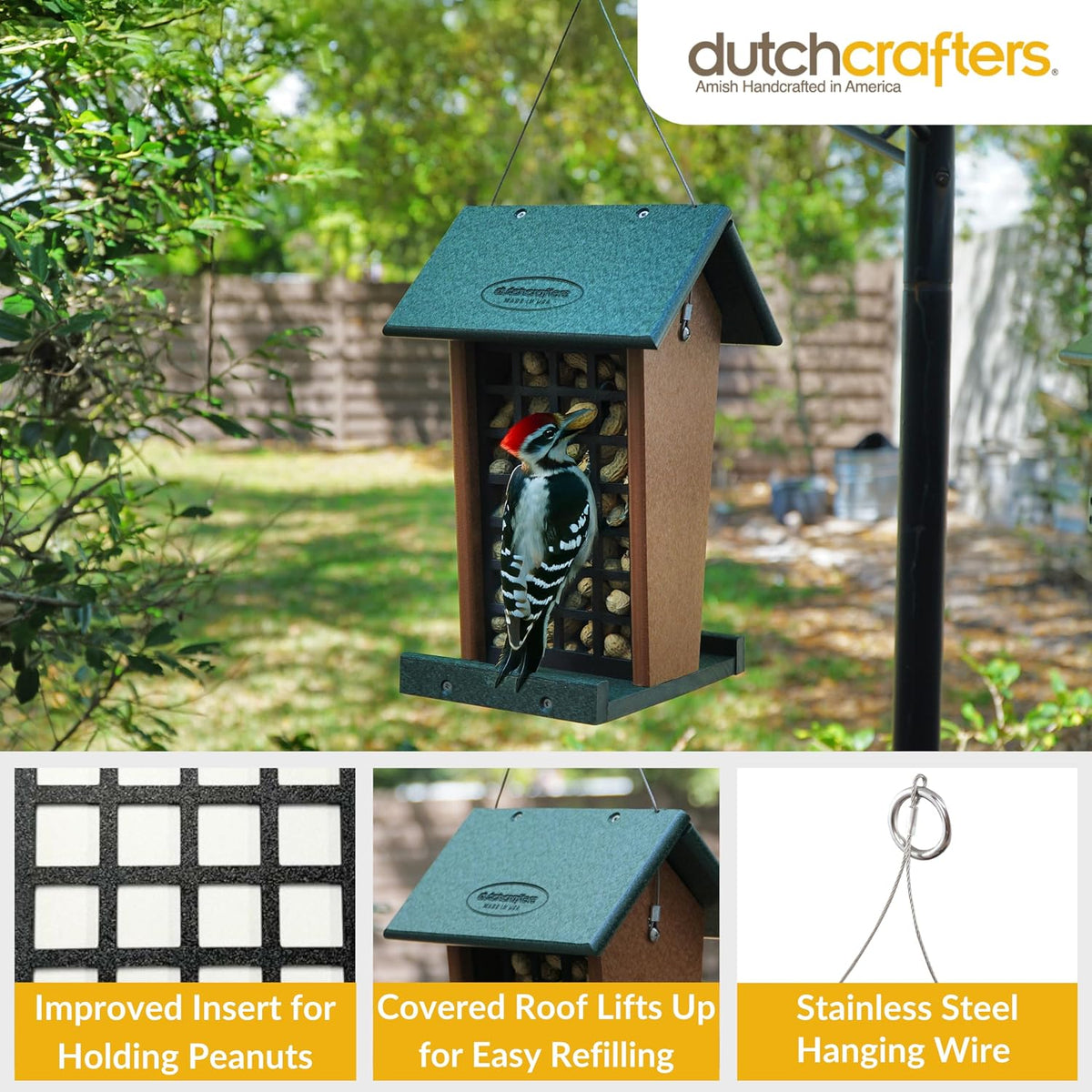 dutchcrafters plastic poly hanging whole peanut bird feeder, close-up detail