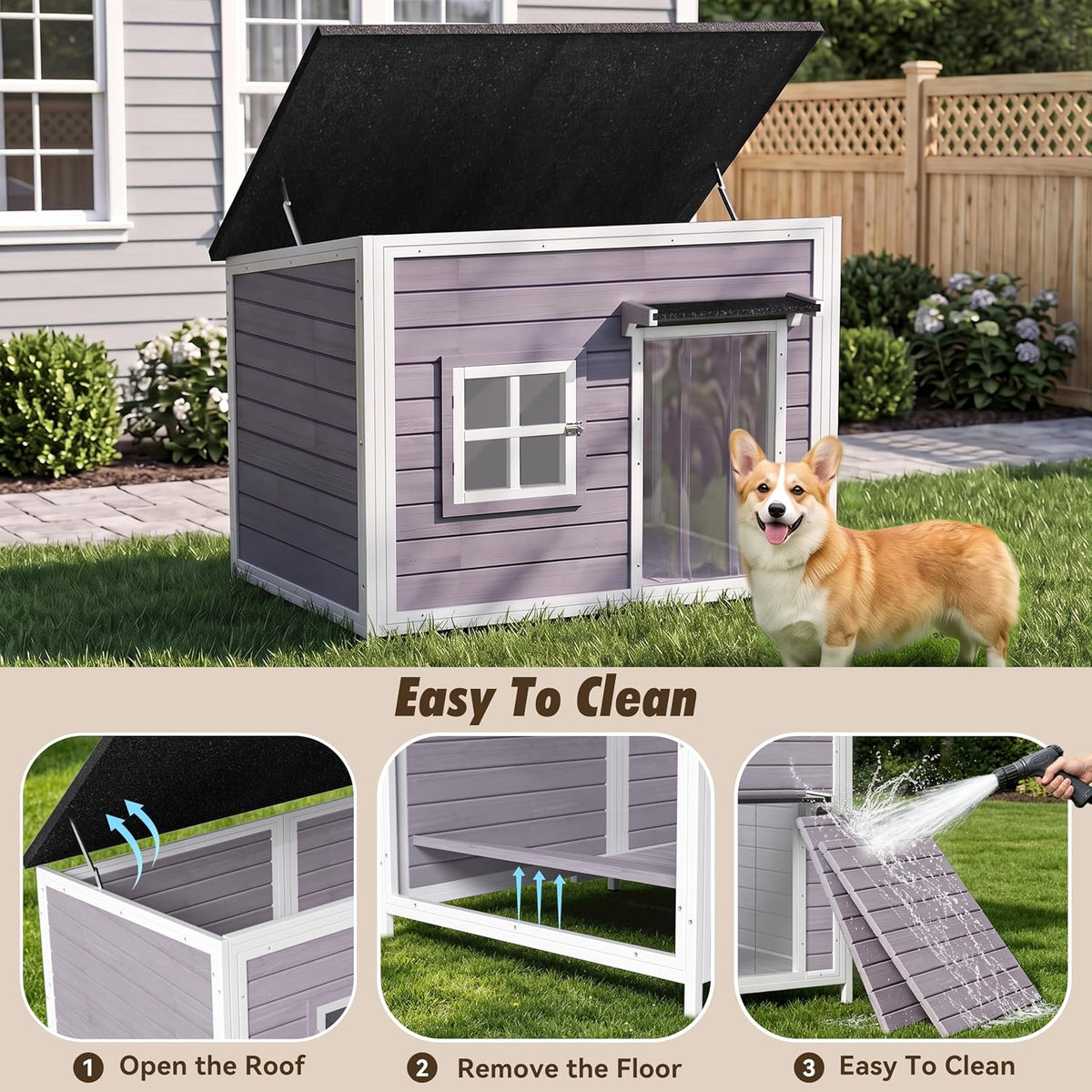 43" large wooden outdoor dog house with insulated showing dimensions