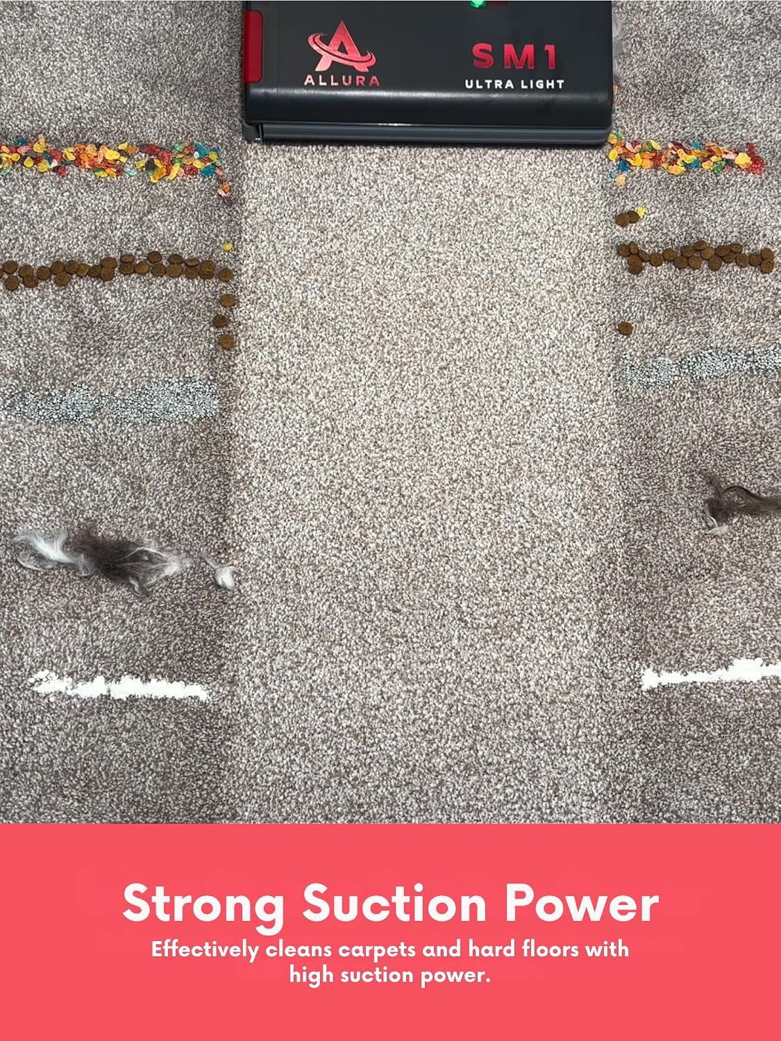 allura upright corded vacuum sm1, hospital-grade hepa filtration shown in use