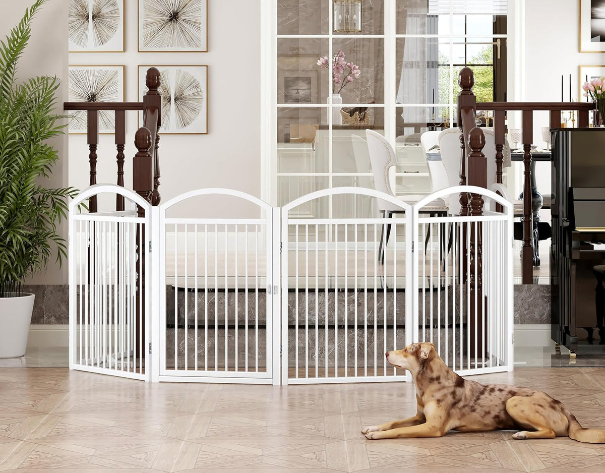 folding pet fence 144" wide, 32" tall,freestanding dog, side view