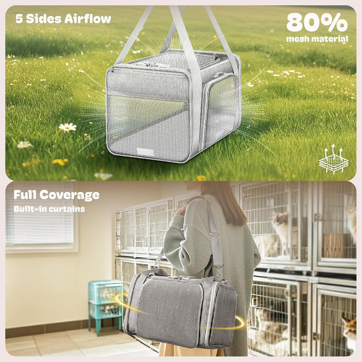 top and 2 sides expandable pet carrier 17x11x9.5, close-up detail