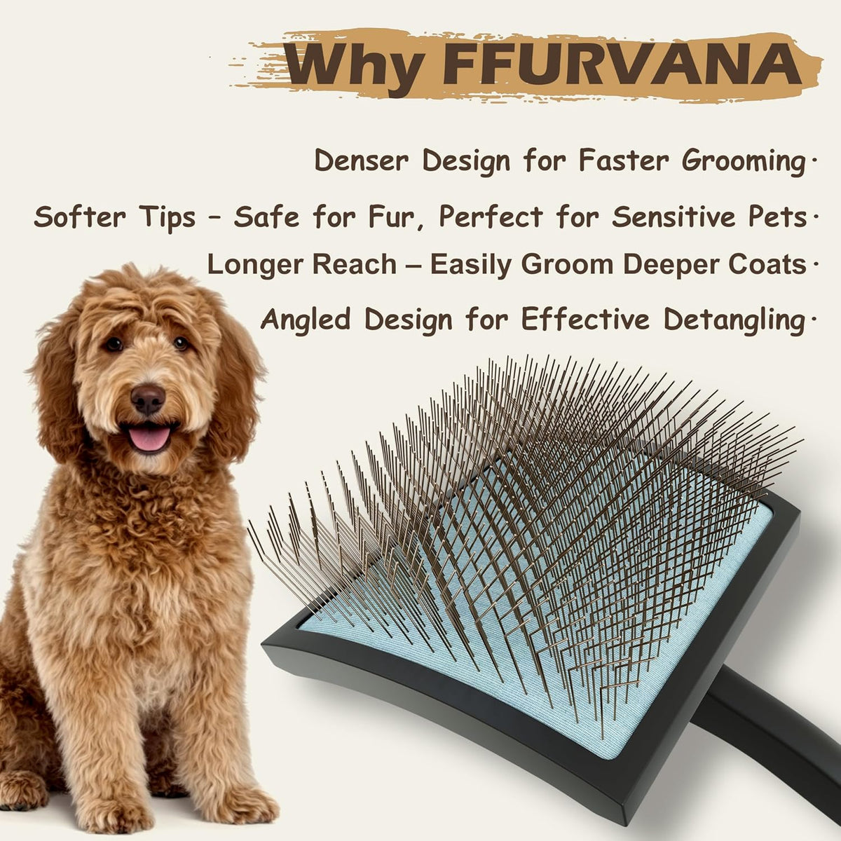 slicker brush for dogs – professional long pin, close-up detail