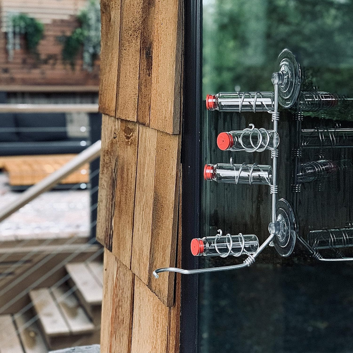 window hummingbird feeder | handcrafted copper and aluminum showing dimensions