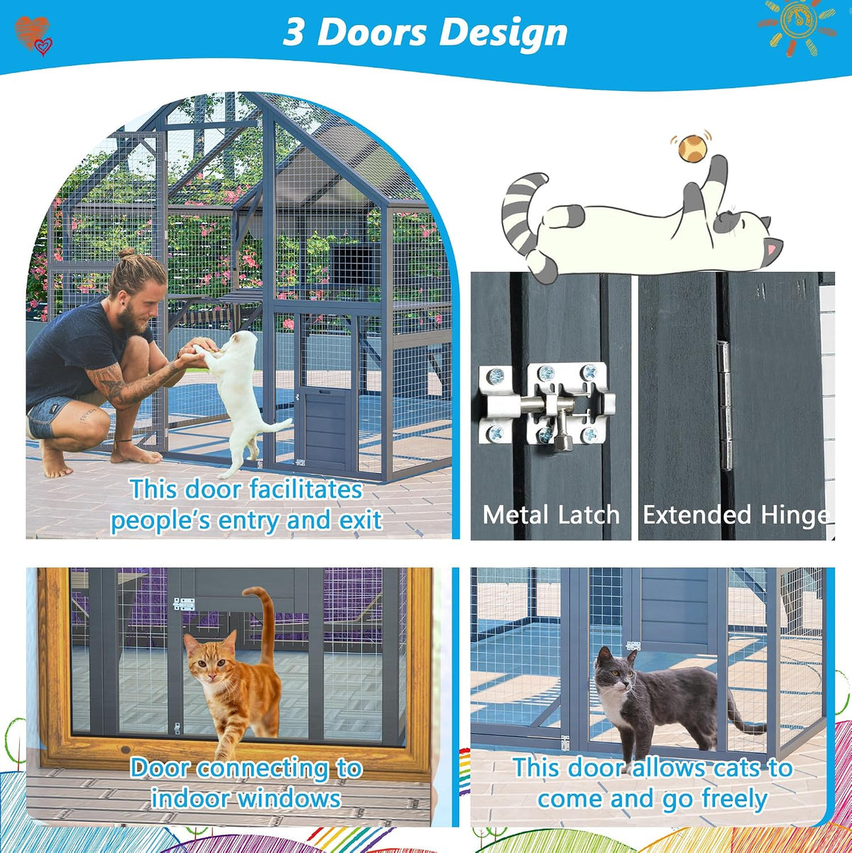 74" large wooden outdoor cat catio enclosure, 6×9ft, close-up detail