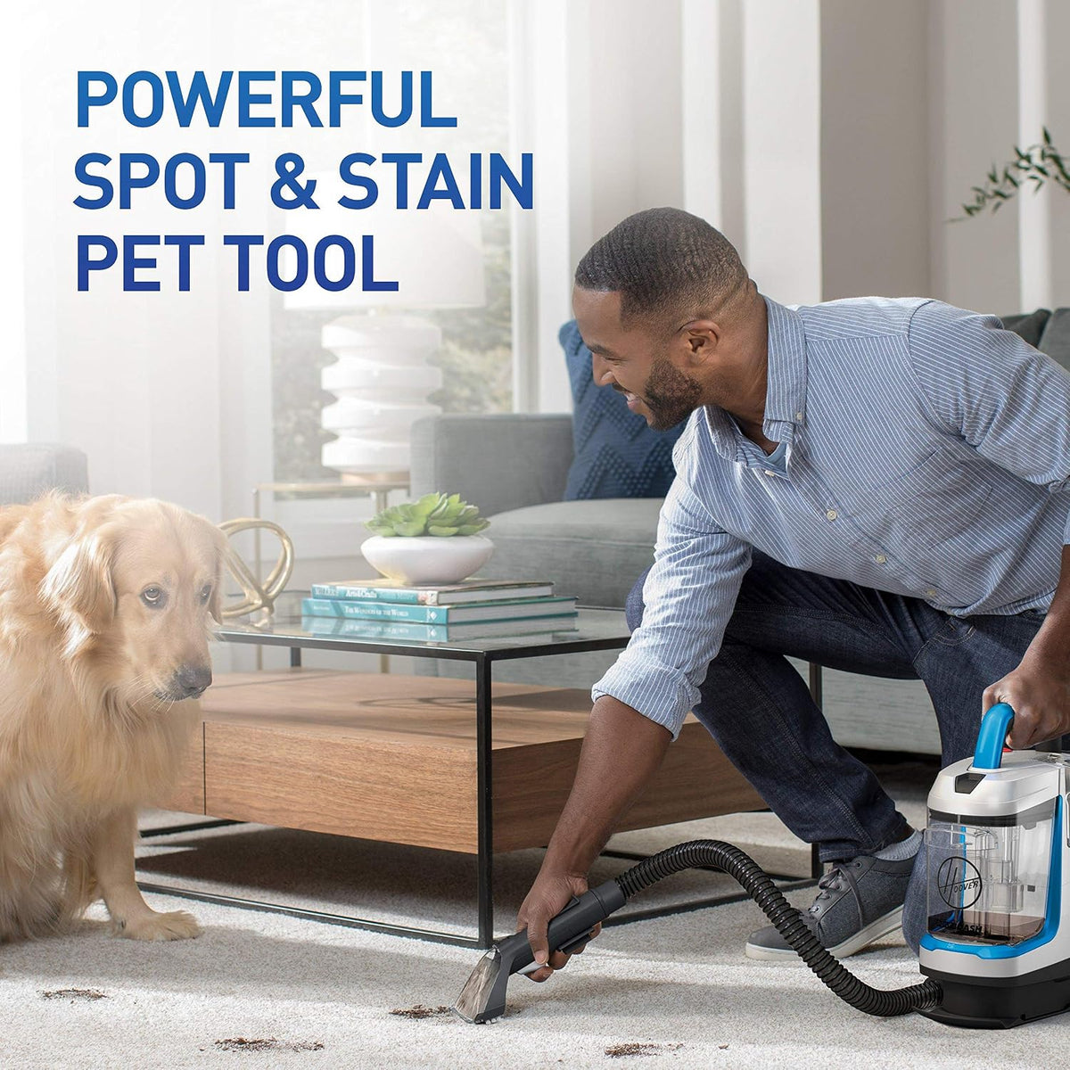 hoover powerdash go portable spot cleaner, lightweight carpet shown in use