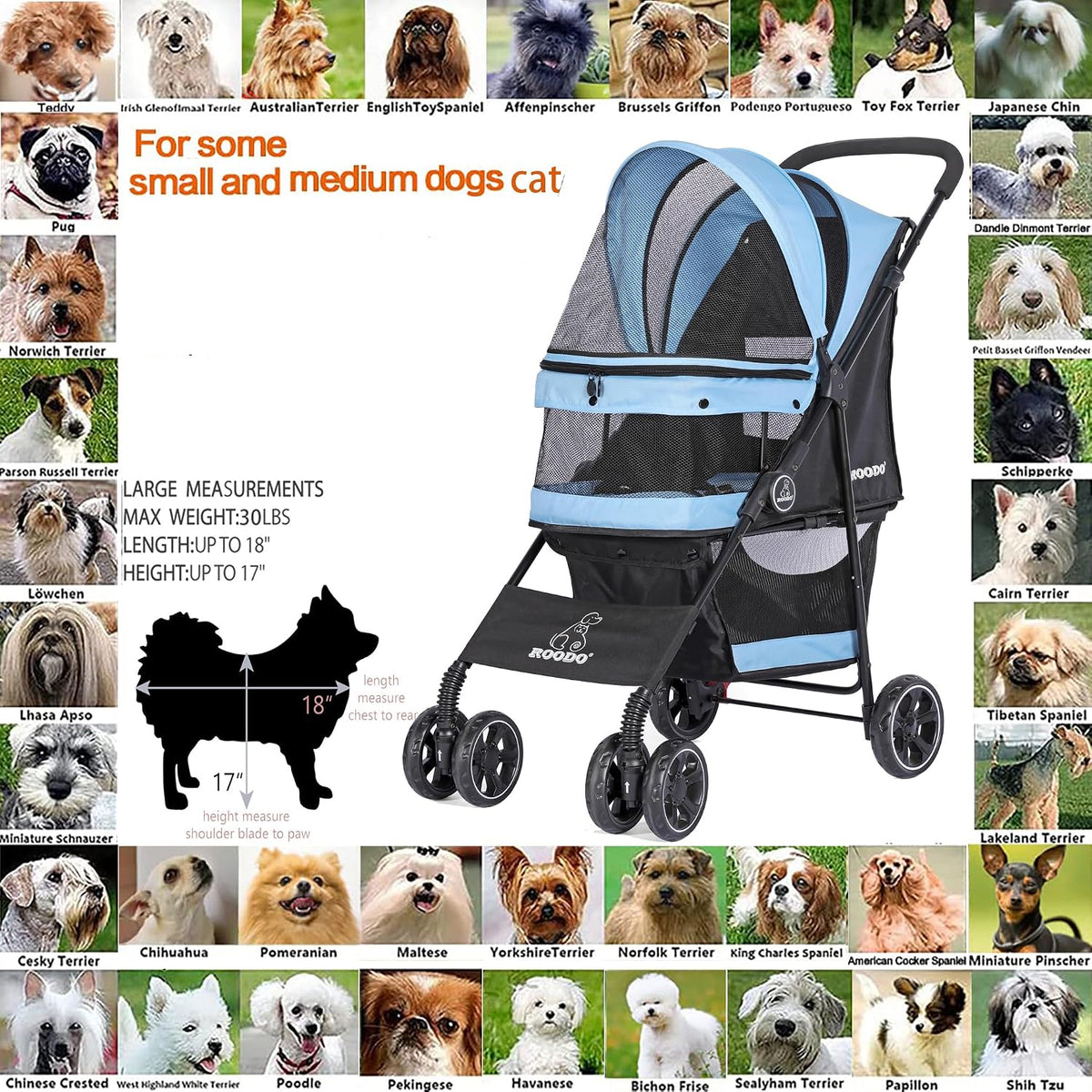 roodo 4 wheel dog cat pet stroller best, side view