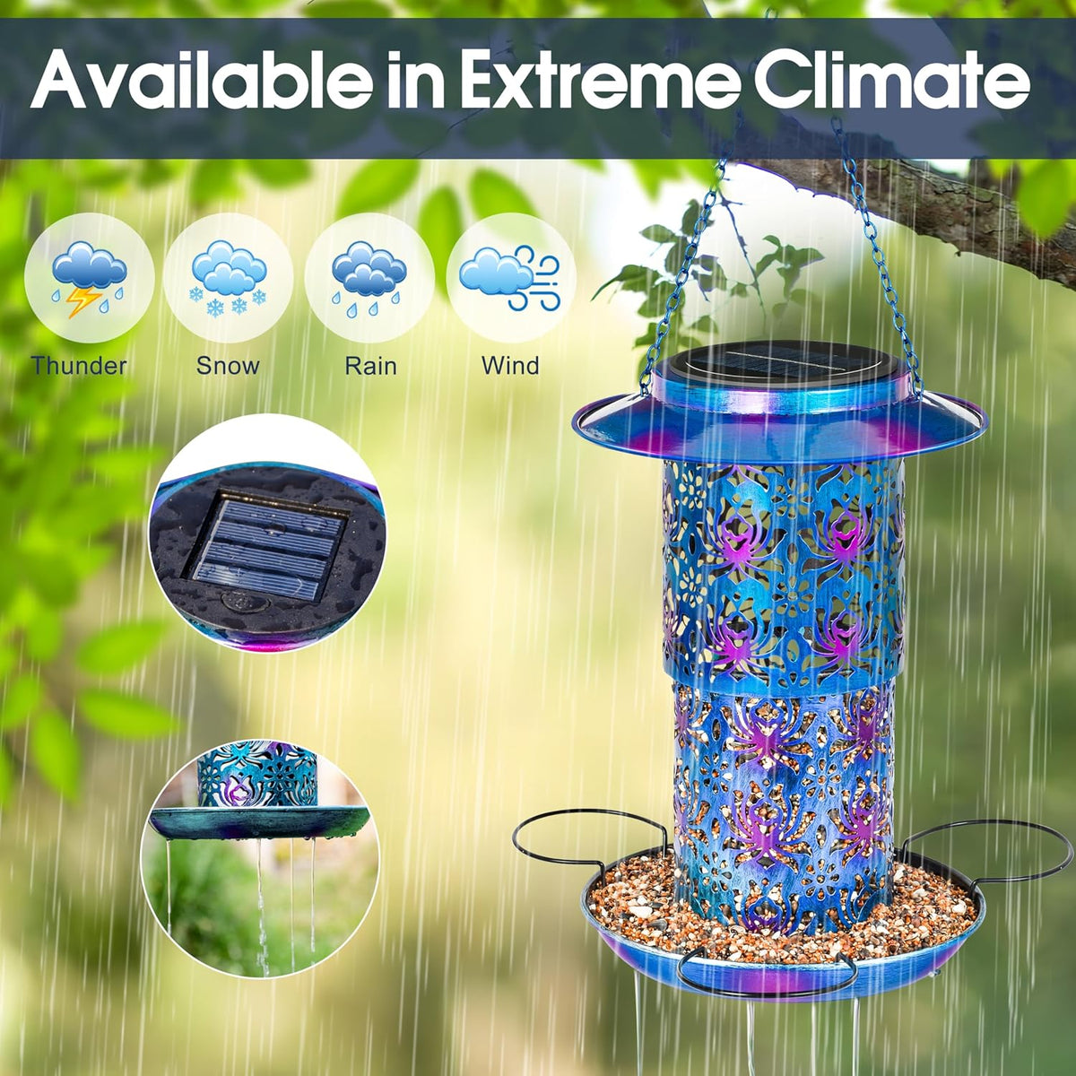 ottsuls solar bird feeder for outdoors hanging, metal, side view
