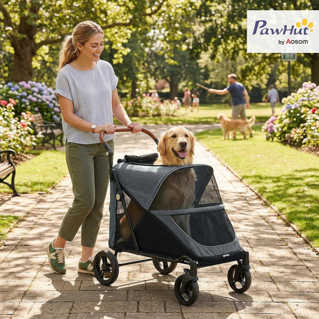 pawhut dog stroller for large dogs one-click folding shown in use