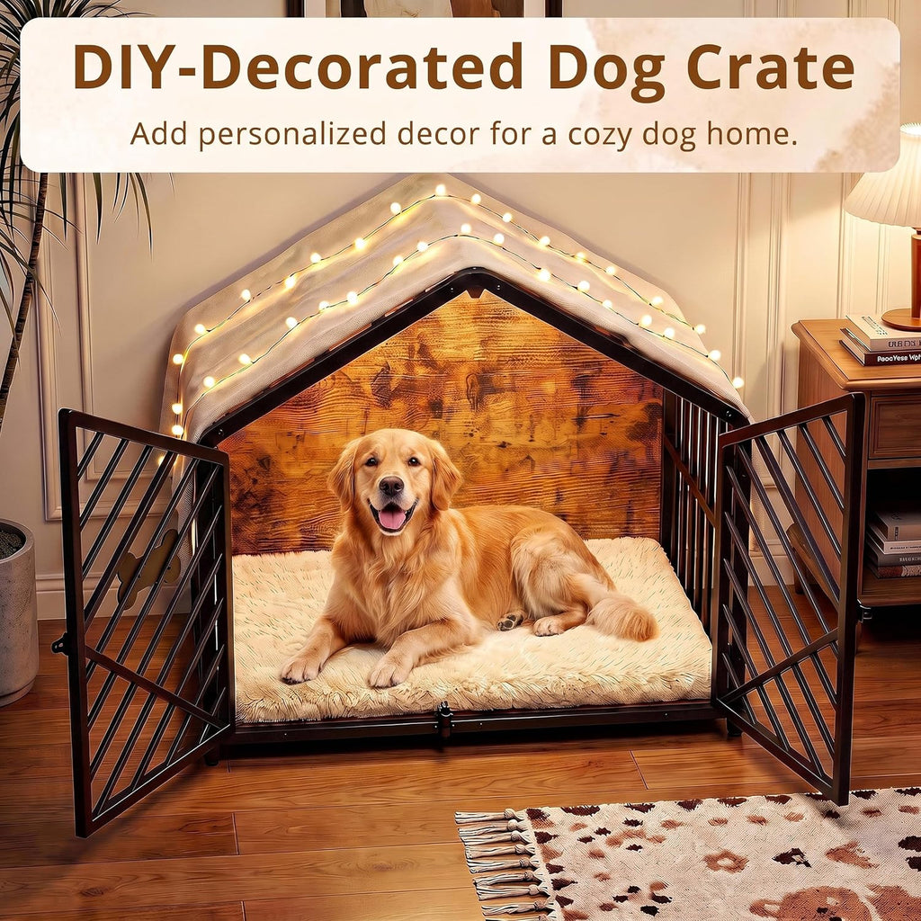 ironck 35.4" dog crate furniture with roof-shape frame, side view