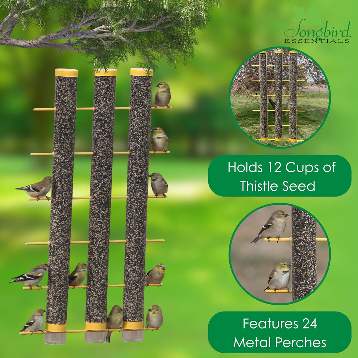 songbird essentials finches favorite yellow 3 tube thistle shown in use