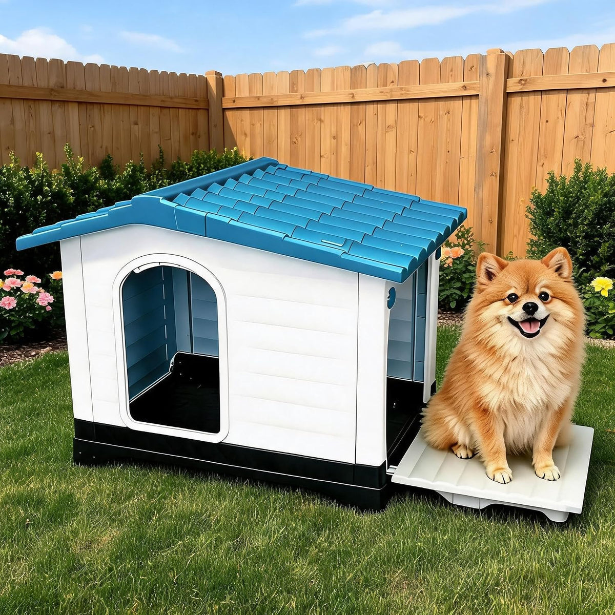 garvee 2-door small dog house with fold-out porch, main product view