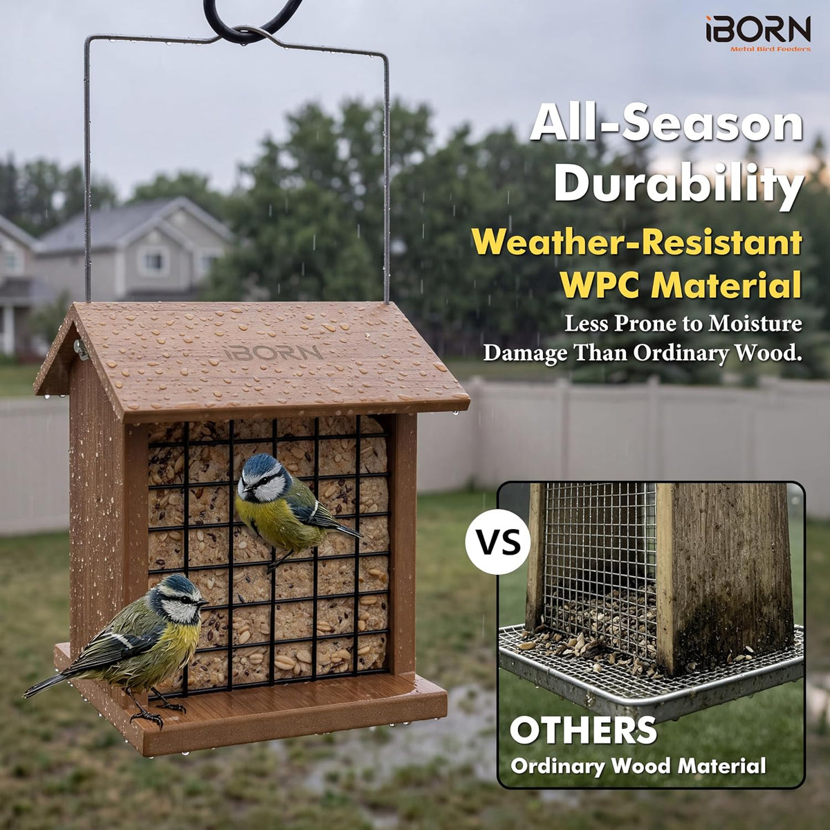 double suet feeder for outdoors, wpc recycled plastic showing dimensions