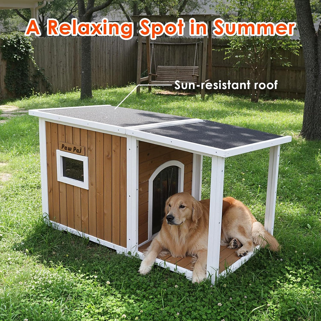 dog house outdoor large breed, 59” insulated dog shown in use